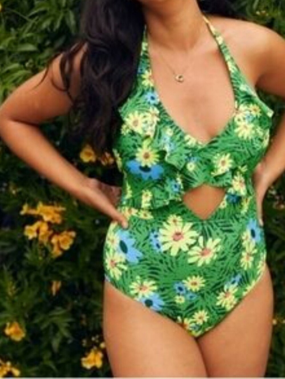 Aerie Green Floral Cutout One Piece Swimsuit Size M